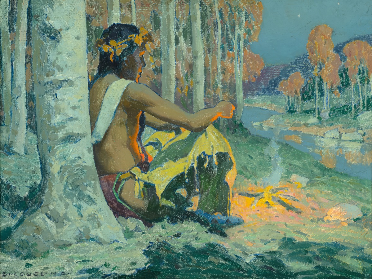 Eanger Irving Couse – Evening Fire – Art Print on Paper or Canvas