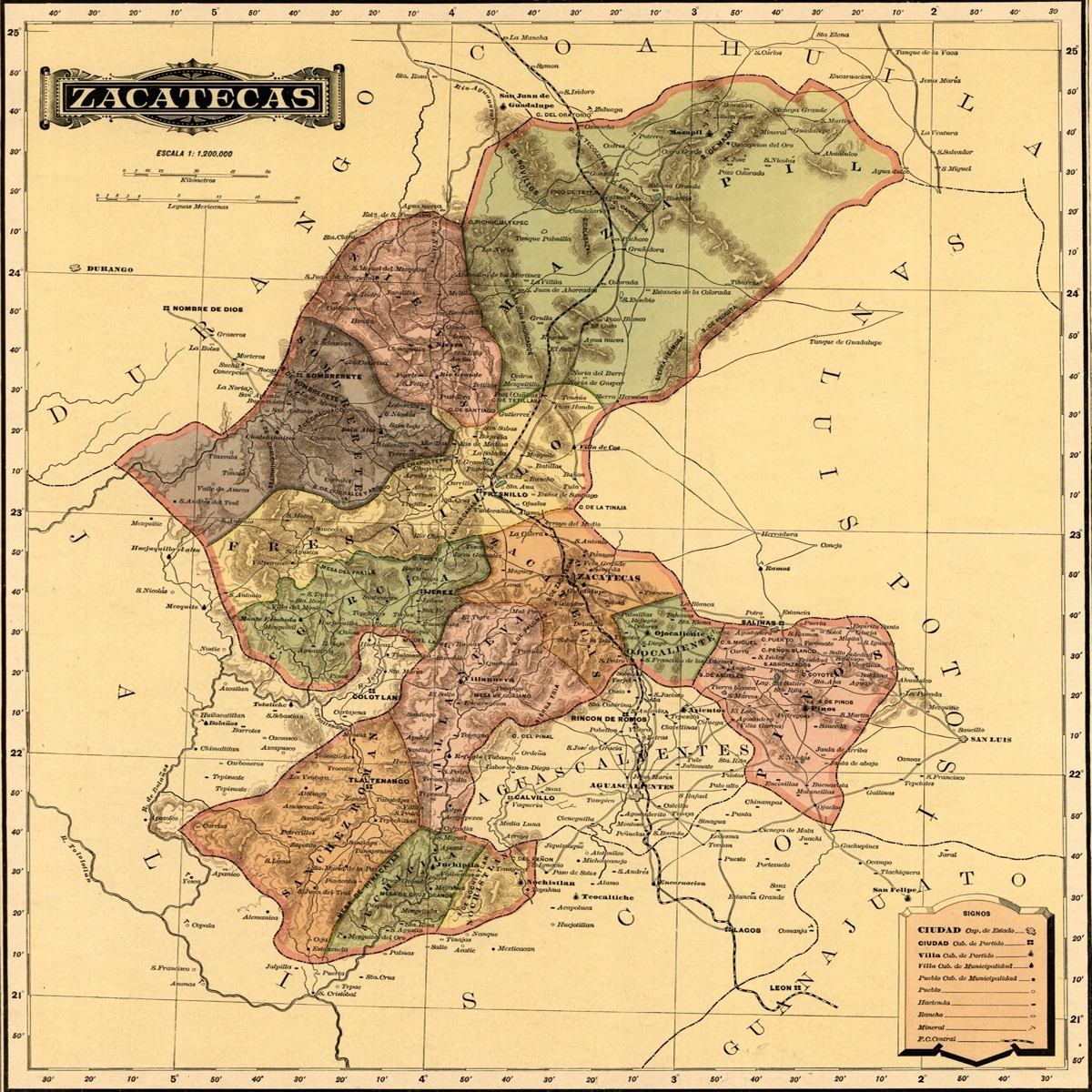 Vintage Maps – Zacatecas – Art Print on Paper or Canvas
