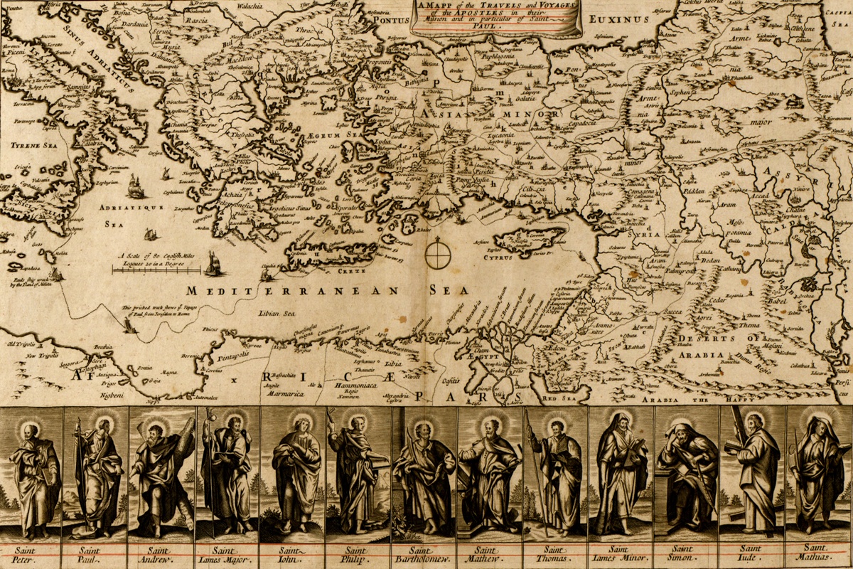 Vintage Maps - Map of the Travels and Voyages of the Apostles - Paper or Canvas