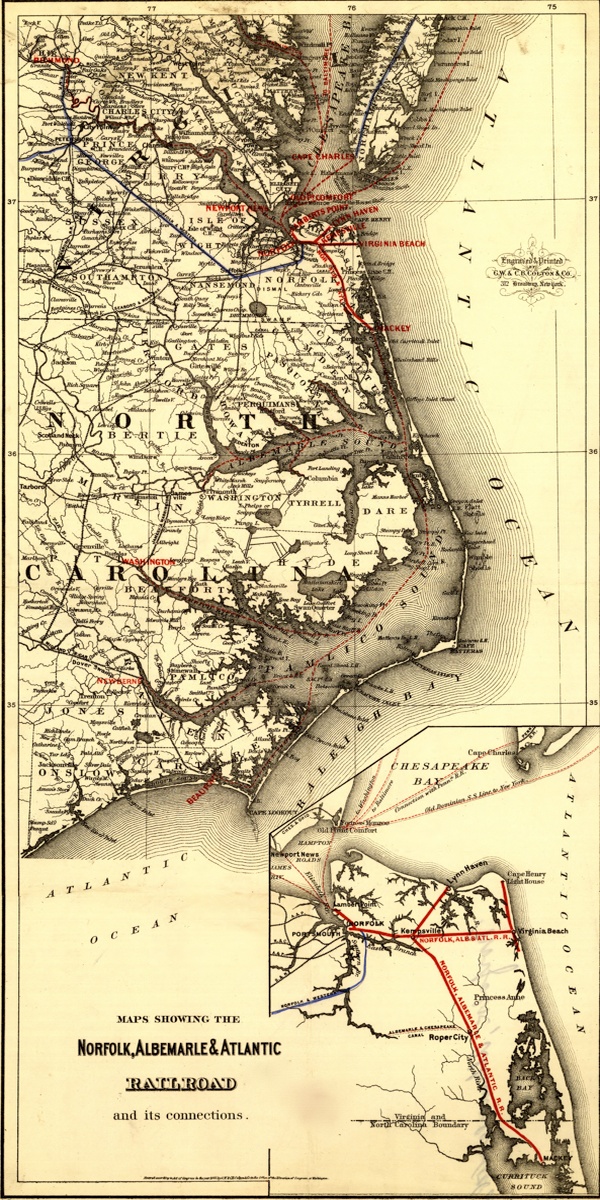 Vintage Maps – Norfolk Albermarle and Atlantic Railroad – Paper or Canvas