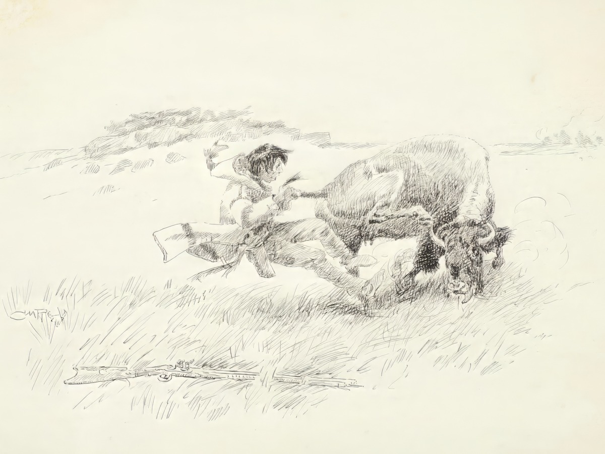 Charles Marion Russell – A Tail-Hold on a Buffalo – Art Print on Paper or Canvas