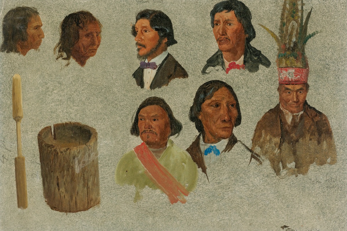 Albert Bierstadt – Seven Indian Portraits and One Primitive Utensil – Art Print