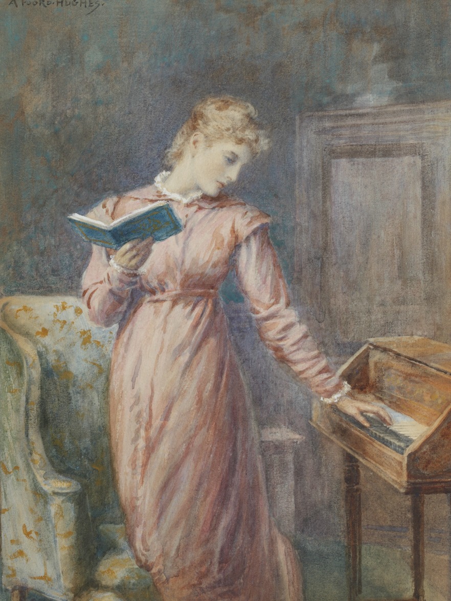 Arthur Hughes - A Lady Reading While Playing the Spinet - Paper or Canvas