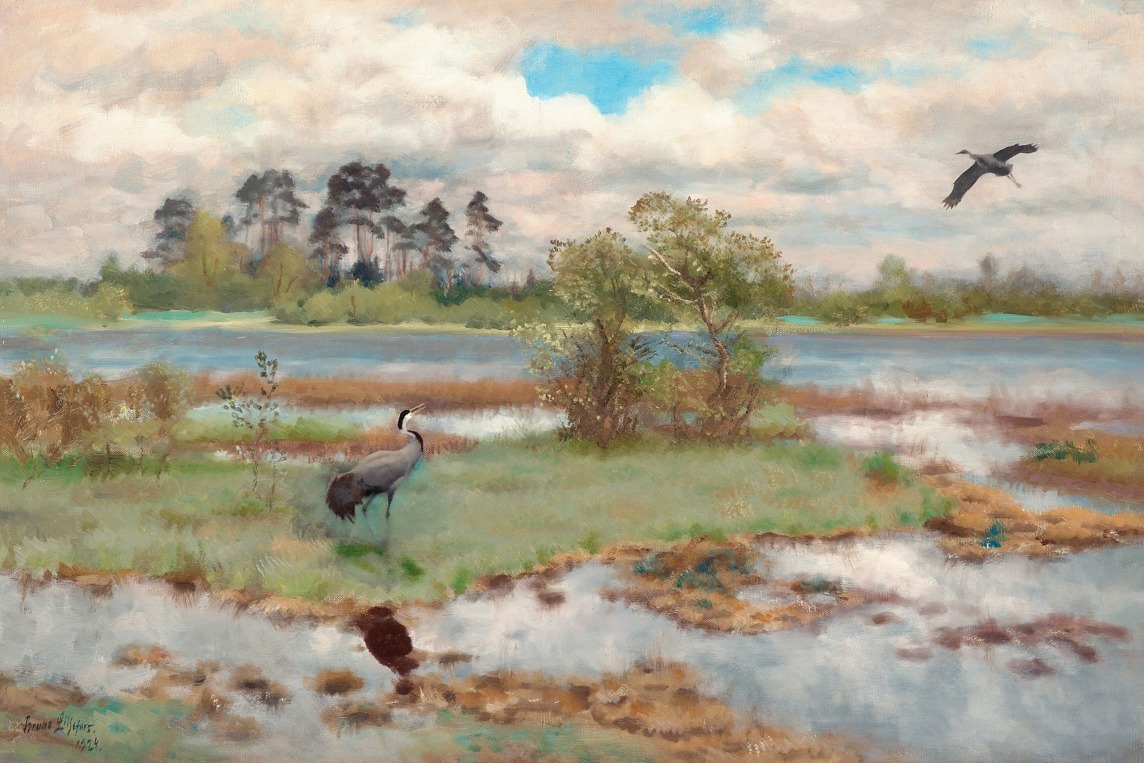 Bruno Liljefors – Landscape With Cranes by Water – Art Print on Paper or Canvas