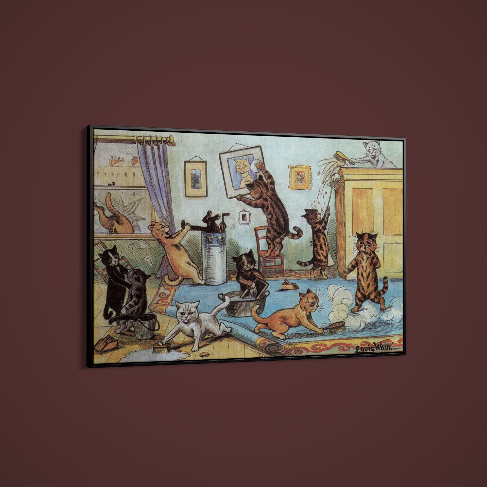 Louis Wain – Spring Cleaning – Art Print on Paper or Canvas