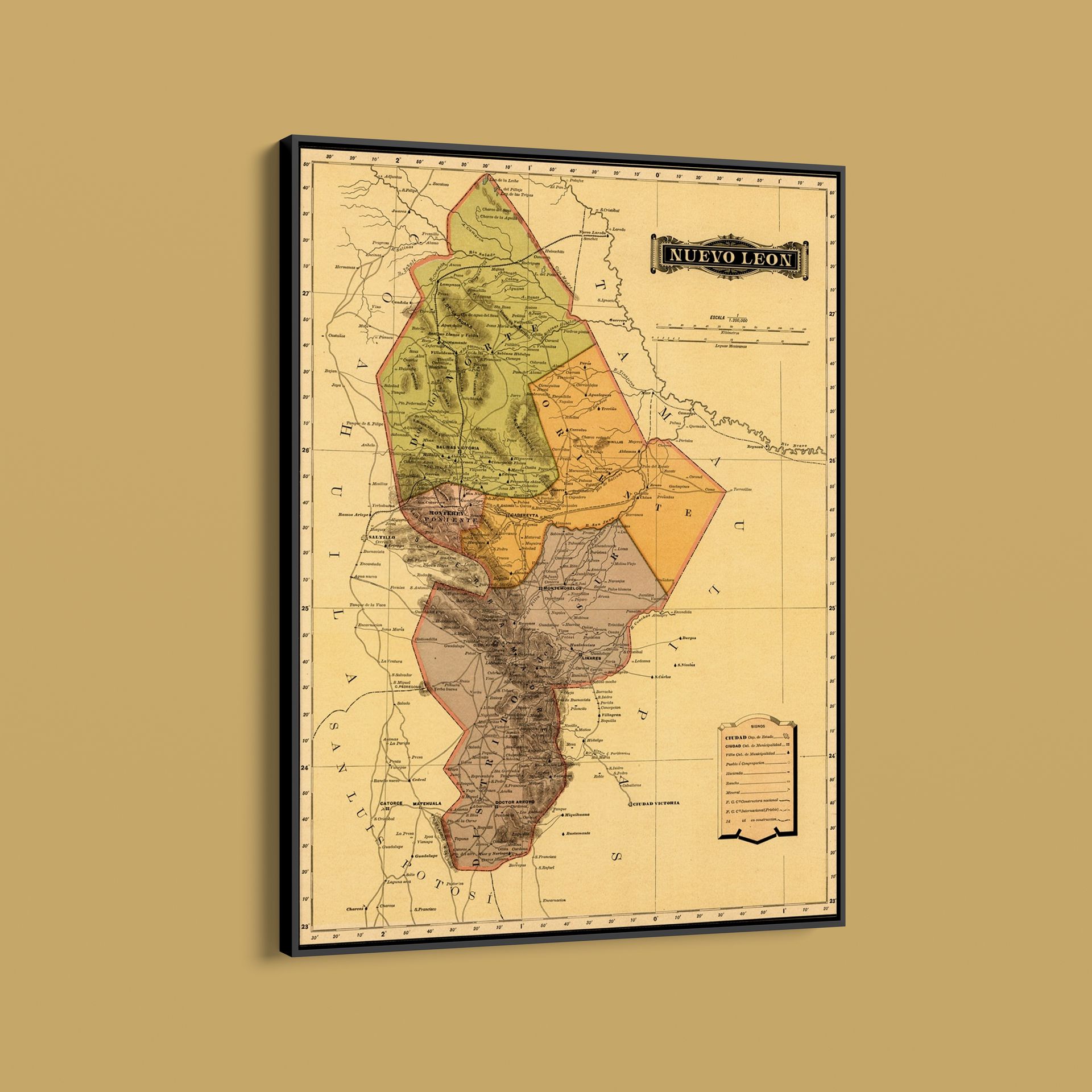 Vintage Maps – Nuevo Leon – Art Print on Paper or Canvas